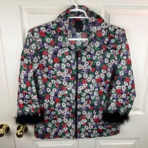 Anna Sui Full Zip Floral Shell Jacket Feather Trim
